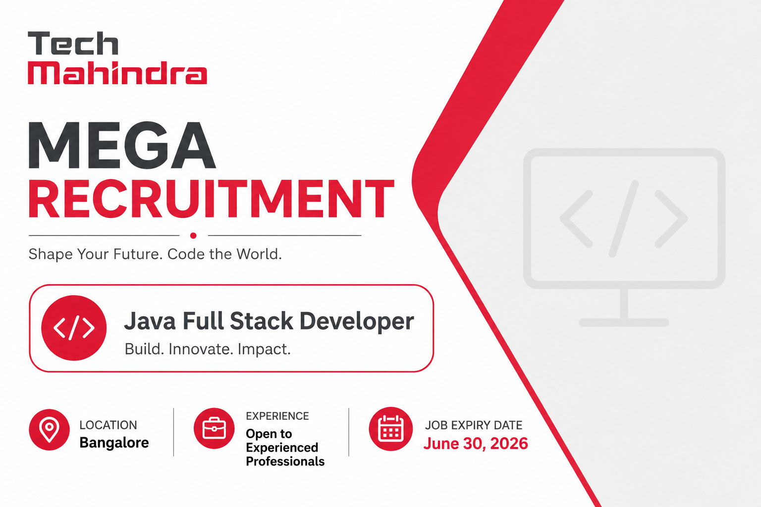 Tech Mahindra Recruitment 2026 | Java Developer Role | Bangalore