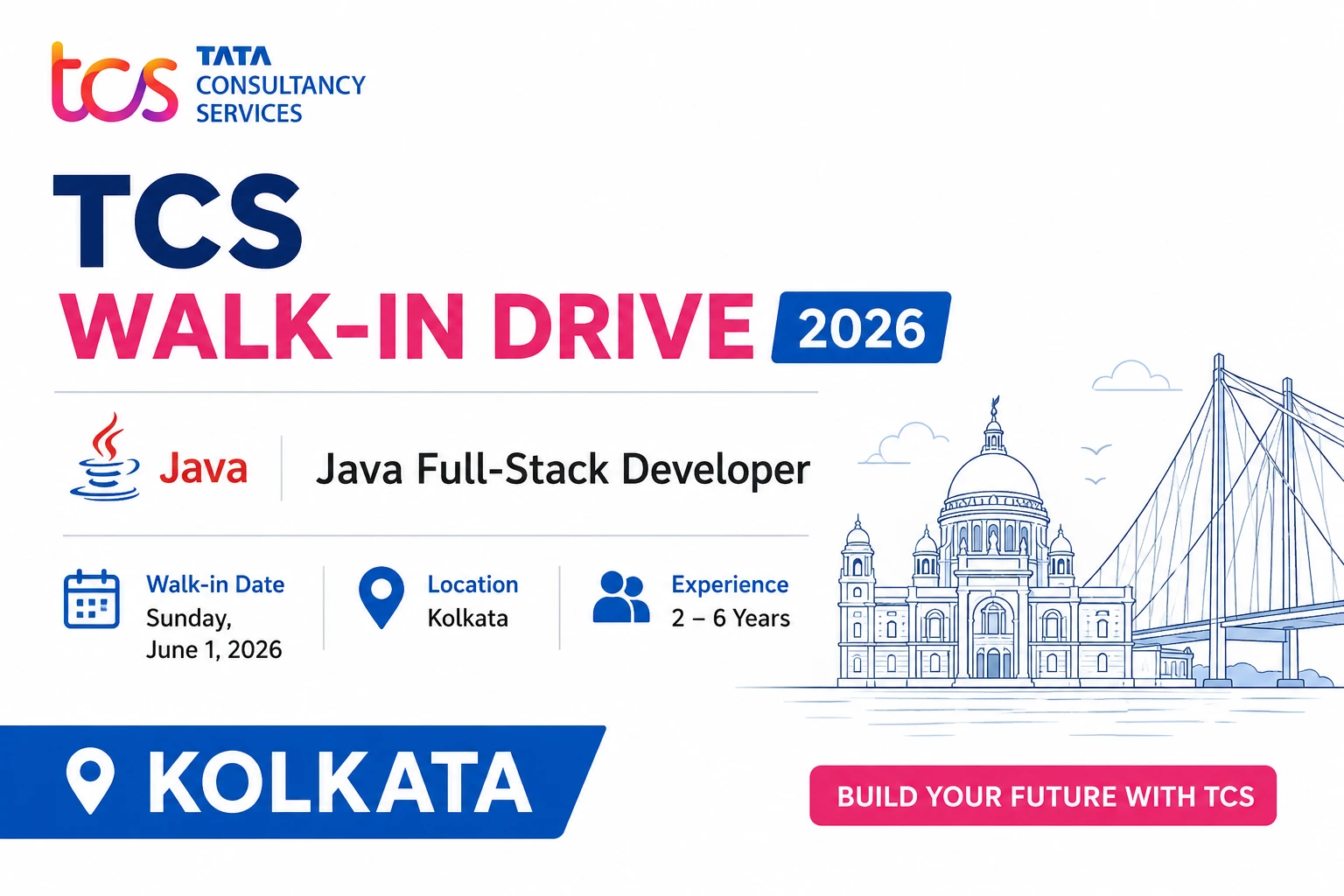TCS Java Walk-in Drive 2026 | Kolkata | Core Java Angular | June 1