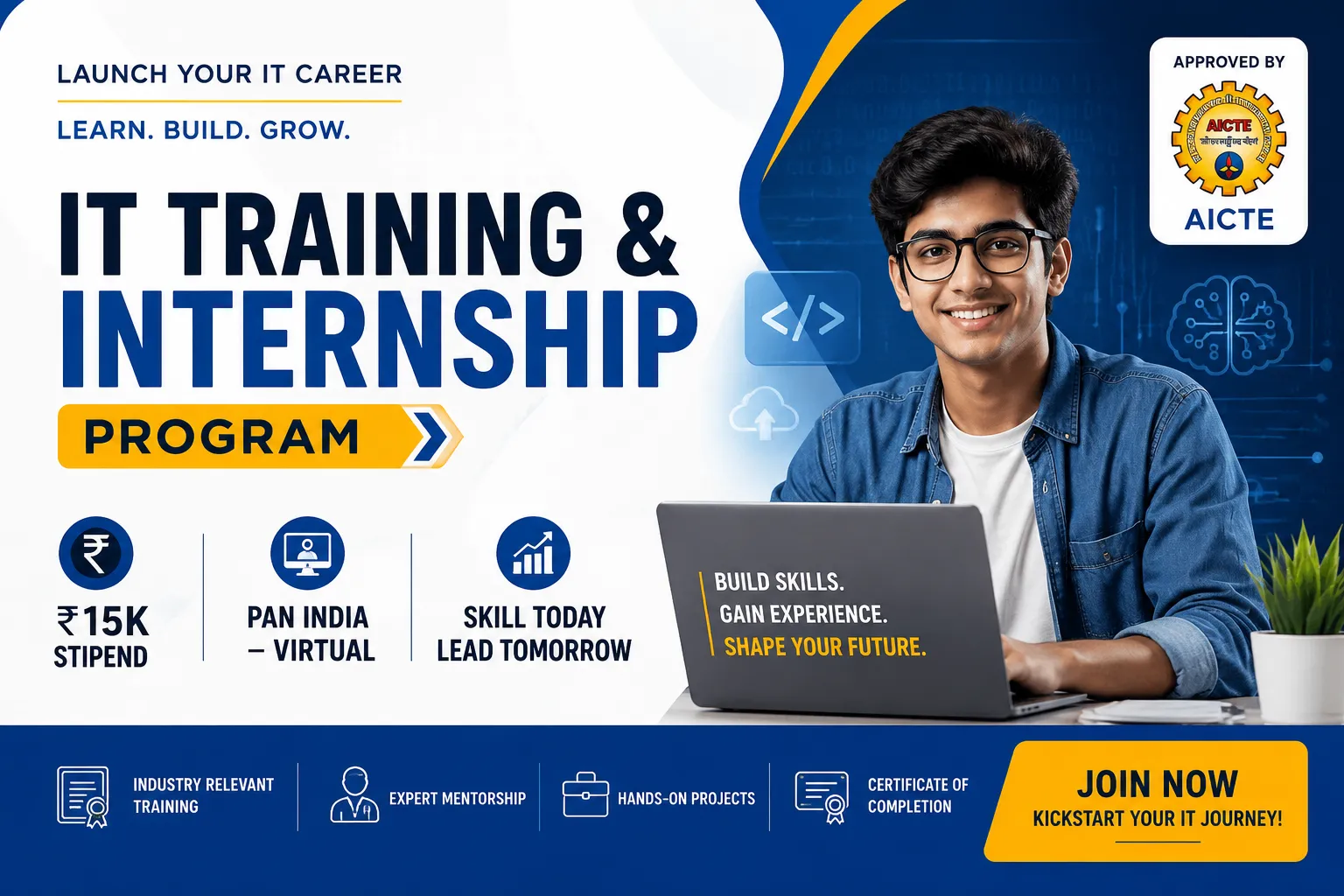 IT Training & Internship Program | ₹15k Stipend | Pan India – Virtual | AICTE
