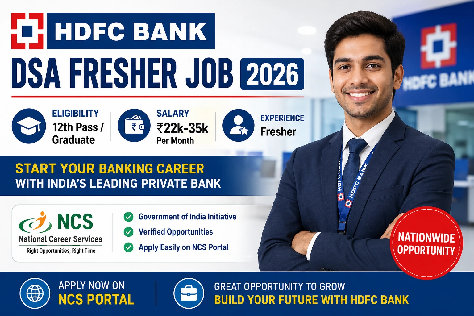 HDFC Bank DSA Fresher Job 2026 | 12th Pass/Graduate | ₹22k-35k